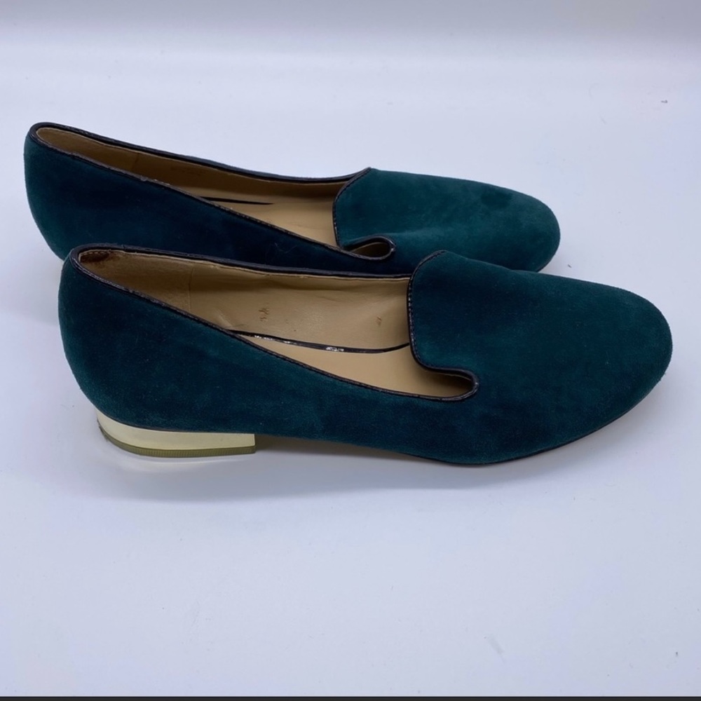 Saks Fifth Avenue Dark Green Suede Loafer with Gold Heel Accent 6.5
